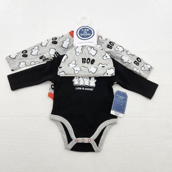 Life is Good 3 PC Halloween Boo! Ghost Bodysuit & Cap Baby Size 0/3 Months - Picture 1 of 3